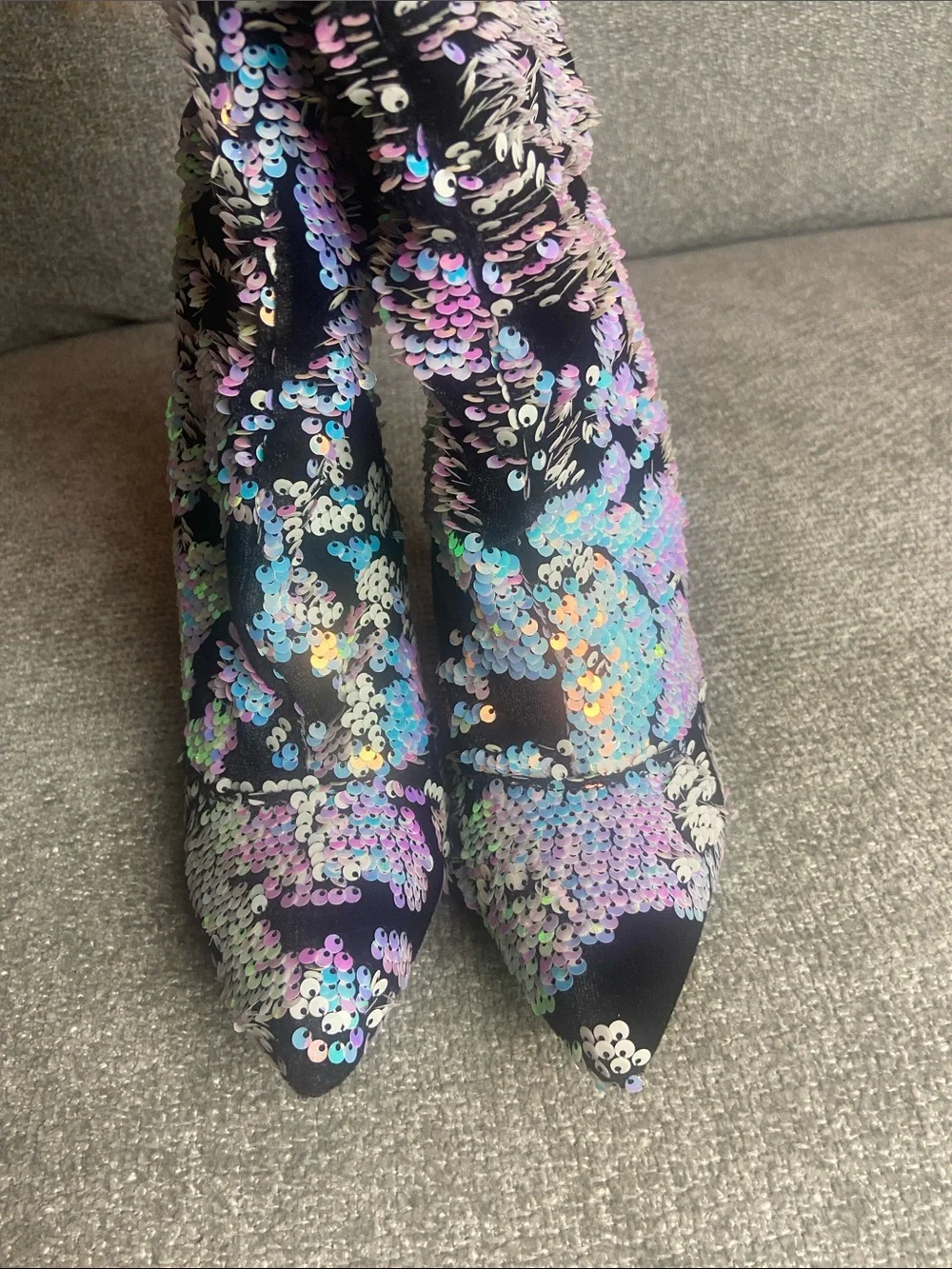 Sequined Black Multicolor Stiletto Ip to the Knee Boot size 8